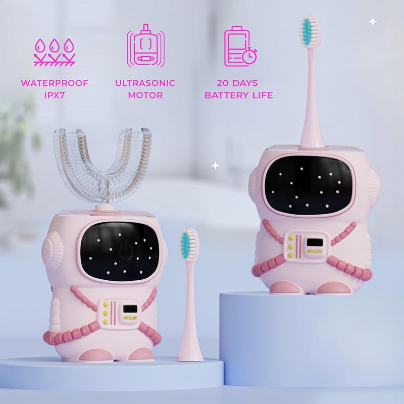 Bendi Sensory 360 Round U-Shaped Astronaut Design Mouthguard Electric Toothbrush for Kids Ages 2-7 - Automatic Memory Function - 5 Modes Toothbrush with Multiple Heads – Kids Travel Essentials (Pink) - Image 5